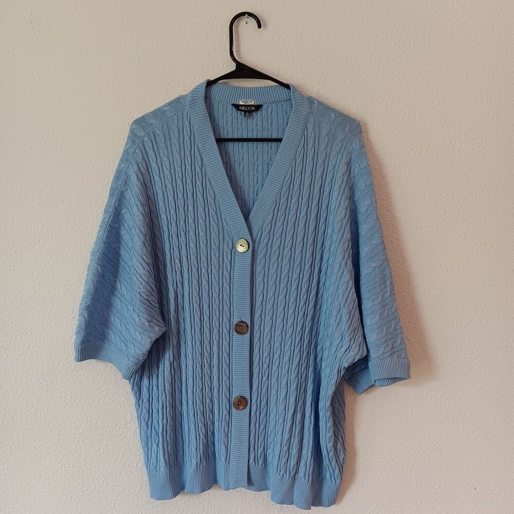 Exclusively Misook Cardigan Sweater Womens XL 3/4 Sleeve Light Blue CableKnit